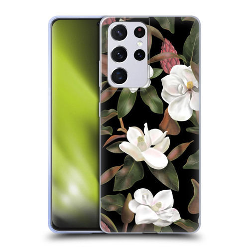 Anis Illustration Magnolias Pattern Black Soft Gel Case for Samsung Galaxy S21 Ultra 5G