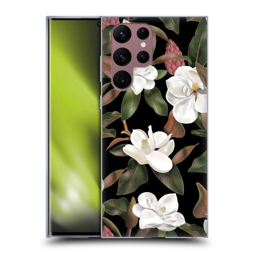Anis Illustration Magnolias Pattern Black Soft Gel Case for Samsung Galaxy S22 Ultra 5G