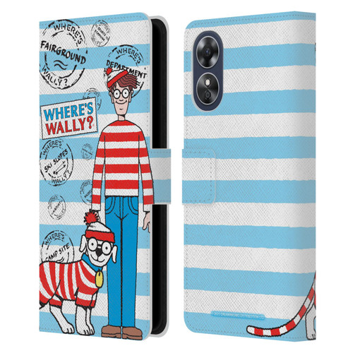 Where's Wally? Graphics Stripes Blue Leather Book Wallet Case Cover For OPPO A17