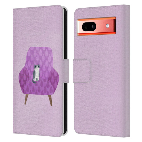 Planet Cat Arm Chair Lilac Chair Cat Leather Book Wallet Case Cover For Google Pixel 7a