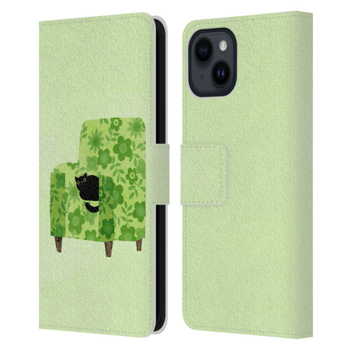 Planet Cat Arm Chair Pear Green Chair Cat Leather Book Wallet Case Cover For Apple iPhone 15