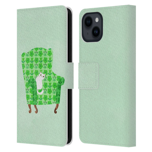 Planet Cat Arm Chair Spring Green Chair Cat Leather Book Wallet Case Cover For Apple iPhone 15
