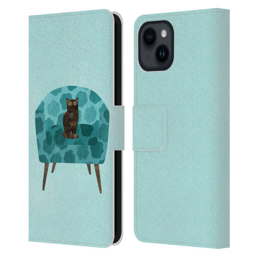 Planet Cat Arm Chair Teal Chair Cat Leather Book Wallet Case Cover For Apple iPhone 15