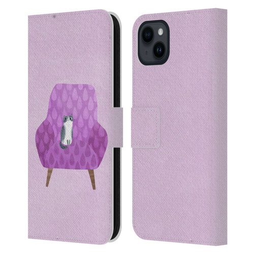 Planet Cat Arm Chair Lilac Chair Cat Leather Book Wallet Case Cover For Apple iPhone 15 Plus
