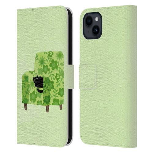 Planet Cat Arm Chair Pear Green Chair Cat Leather Book Wallet Case Cover For Apple iPhone 15 Plus