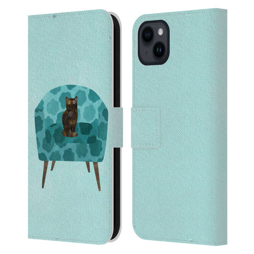 Planet Cat Arm Chair Teal Chair Cat Leather Book Wallet Case Cover For Apple iPhone 15 Plus