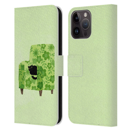 Planet Cat Arm Chair Pear Green Chair Cat Leather Book Wallet Case Cover For Apple iPhone 15 Pro Max