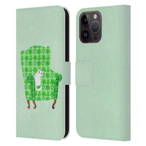 Planet Cat Arm Chair Spring Green Chair Cat Leather Book Wallet Case Cover For Apple iPhone 15 Pro Max