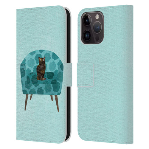 Planet Cat Arm Chair Teal Chair Cat Leather Book Wallet Case Cover For Apple iPhone 15 Pro Max