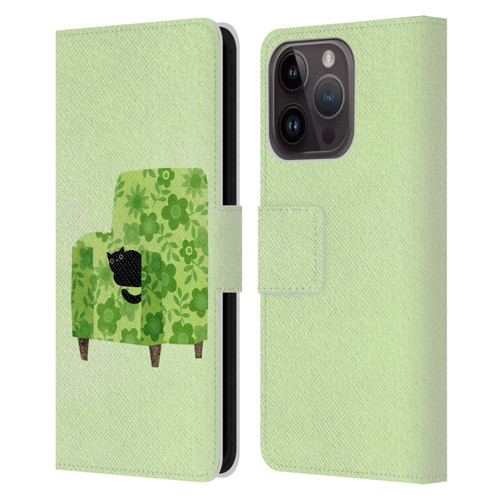 Planet Cat Arm Chair Pear Green Chair Cat Leather Book Wallet Case Cover For Apple iPhone 15 Pro
