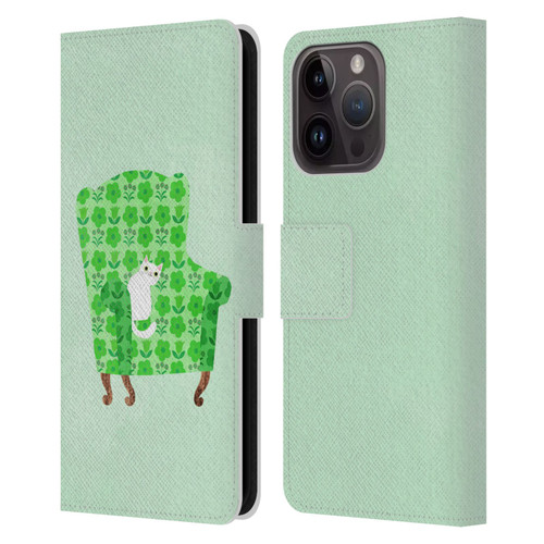 Planet Cat Arm Chair Spring Green Chair Cat Leather Book Wallet Case Cover For Apple iPhone 15 Pro