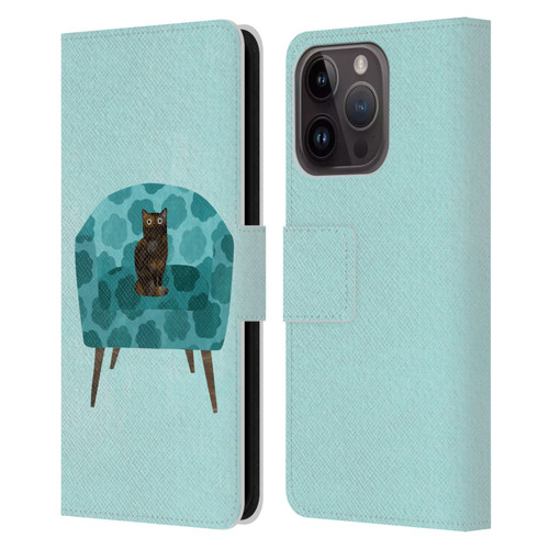 Planet Cat Arm Chair Teal Chair Cat Leather Book Wallet Case Cover For Apple iPhone 15 Pro