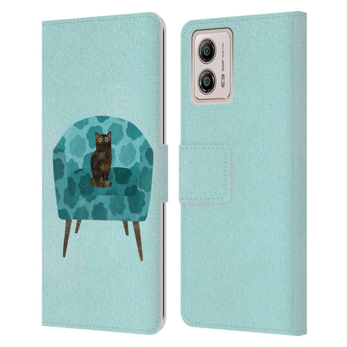 Planet Cat Arm Chair Teal Chair Cat Leather Book Wallet Case Cover For Motorola Moto G53 5G