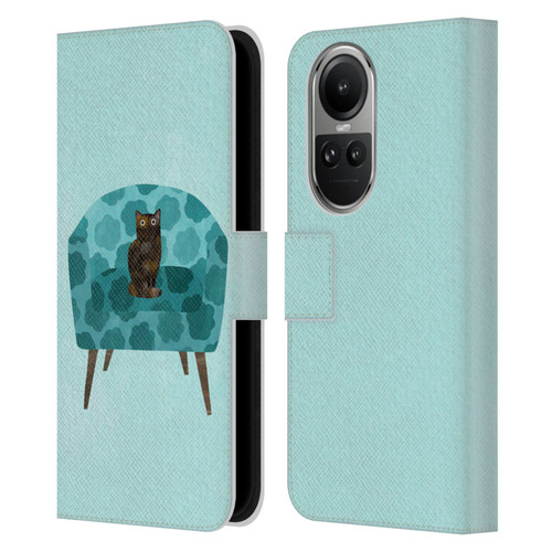 Planet Cat Arm Chair Teal Chair Cat Leather Book Wallet Case Cover For OPPO Reno10 5G / Reno10 Pro 5G