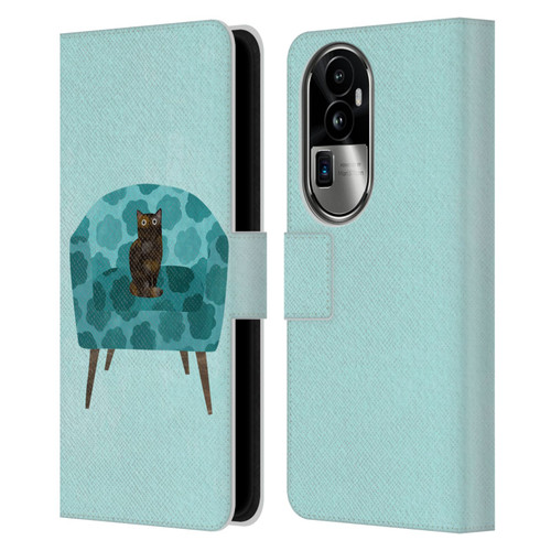 Planet Cat Arm Chair Teal Chair Cat Leather Book Wallet Case Cover For OPPO Reno10 Pro+