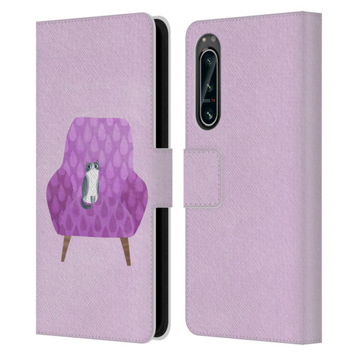 Planet Cat Arm Chair Lilac Chair Cat Leather Book Wallet Case Cover For Sony Xperia 5 IV