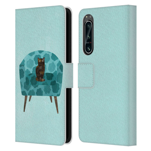 Planet Cat Arm Chair Teal Chair Cat Leather Book Wallet Case Cover For Sony Xperia 5 IV