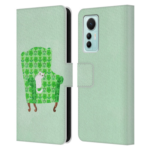 Planet Cat Arm Chair Spring Green Chair Cat Leather Book Wallet Case Cover For Xiaomi 12 Lite