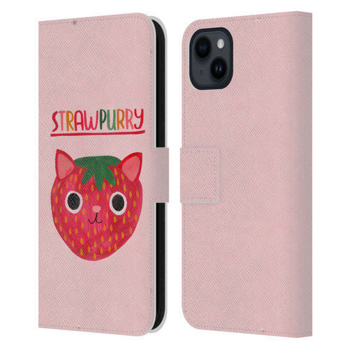 Planet Cat Puns Strawpurry Leather Book Wallet Case Cover For Apple iPhone 15 Plus