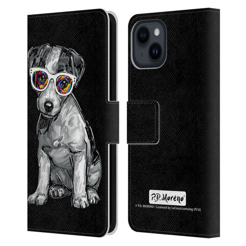 P.D. Moreno Black And White Dogs Jack Russell Leather Book Wallet Case Cover For Apple iPhone 15