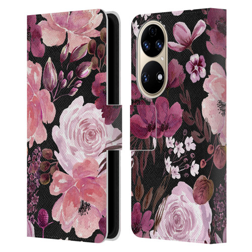 Anis Illustration Graphics Floral Chaos Dark Pink Leather Book Wallet Case Cover For Huawei P50