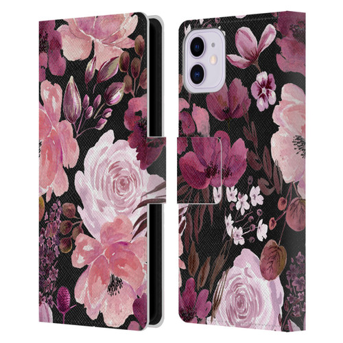 Anis Illustration Graphics Floral Chaos Dark Pink Leather Book Wallet Case Cover For Apple iPhone 11