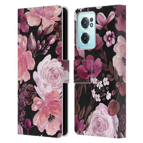 Anis Illustration Graphics Floral Chaos Dark Pink Leather Book Wallet Case Cover For OnePlus Nord CE 2 5G