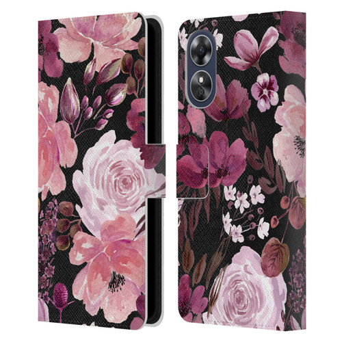 Anis Illustration Graphics Floral Chaos Dark Pink Leather Book Wallet Case Cover For OPPO A17