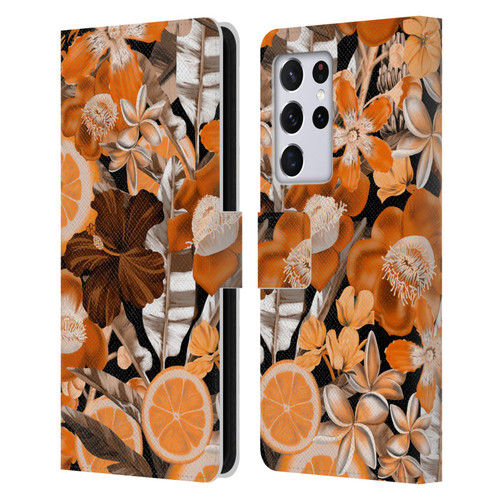 Anis Illustration Graphics Flower & Fruit Orange Leather Book Wallet Case Cover For Samsung Galaxy S21 Ultra 5G