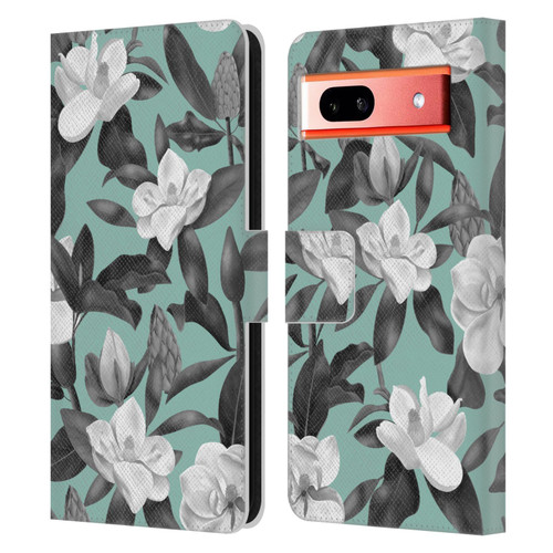 Anis Illustration Magnolias Grey Aqua Leather Book Wallet Case Cover For Google Pixel 7a