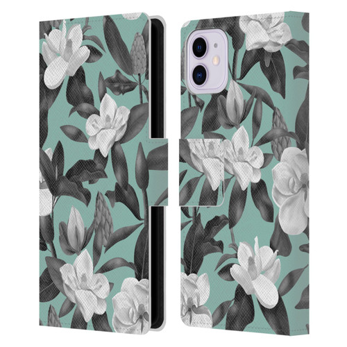 Anis Illustration Magnolias Grey Aqua Leather Book Wallet Case Cover For Apple iPhone 11
