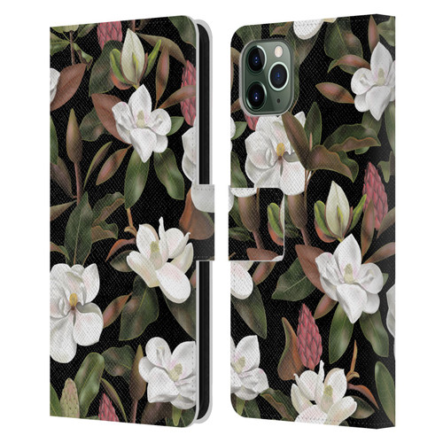 Anis Illustration Magnolias Pattern Black Leather Book Wallet Case Cover For Apple iPhone 11 Pro Max