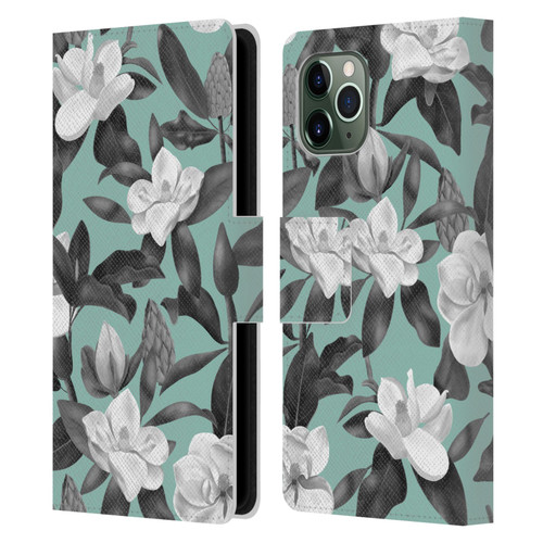 Anis Illustration Magnolias Grey Aqua Leather Book Wallet Case Cover For Apple iPhone 11 Pro