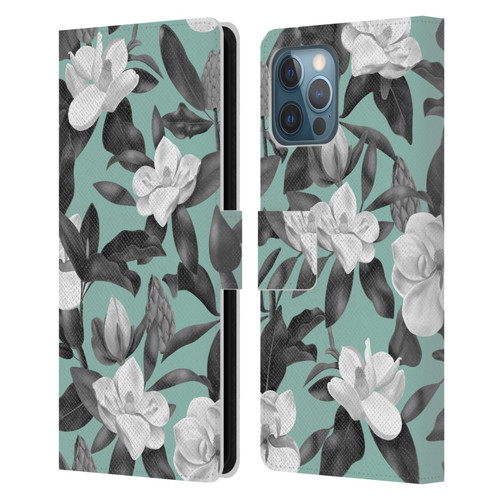 Anis Illustration Magnolias Grey Aqua Leather Book Wallet Case Cover For Apple iPhone 12 Pro Max