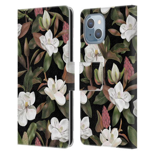 Anis Illustration Magnolias Pattern Black Leather Book Wallet Case Cover For Apple iPhone 14