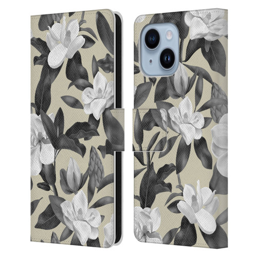 Anis Illustration Magnolias Grey Beige Leather Book Wallet Case Cover For Apple iPhone 14 Plus