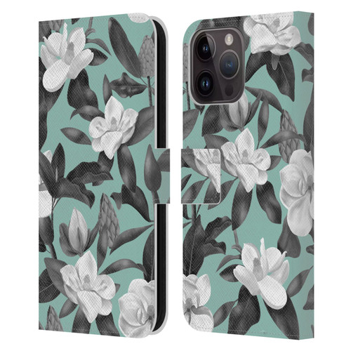 Anis Illustration Magnolias Grey Aqua Leather Book Wallet Case Cover For Apple iPhone 15 Pro Max