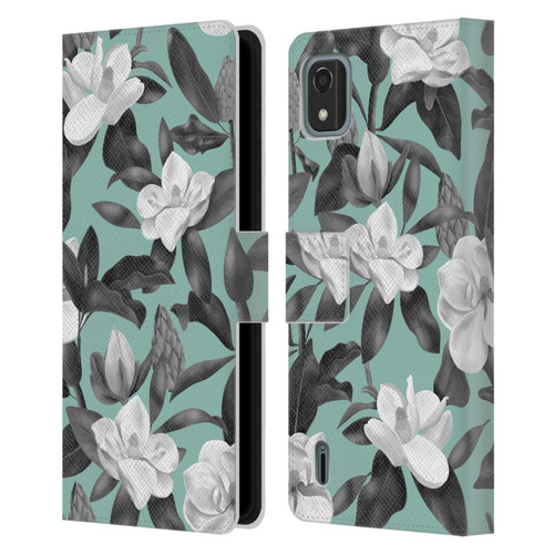 Anis Illustration Magnolias Grey Aqua Leather Book Wallet Case Cover For Nokia C2 2nd Edition