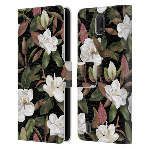 Anis Illustration Magnolias Pattern Black Leather Book Wallet Case Cover For Nokia C01 Plus/C1 2nd Edition