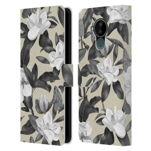 Anis Illustration Magnolias Grey Beige Leather Book Wallet Case Cover For Nokia C30