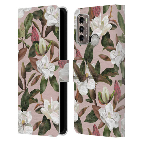 Anis Illustration Magnolias Pattern Light Pink Leather Book Wallet Case Cover For Motorola Moto G60 / Moto G40 Fusion