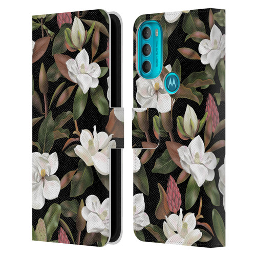 Anis Illustration Magnolias Pattern Black Leather Book Wallet Case Cover For Motorola Moto G71 5G