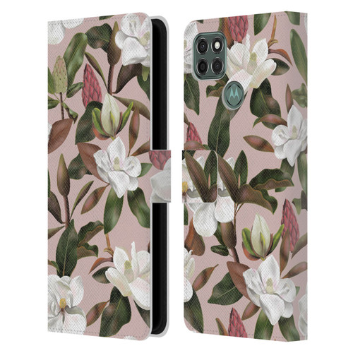 Anis Illustration Magnolias Pattern Light Pink Leather Book Wallet Case Cover For Motorola Moto G9 Power