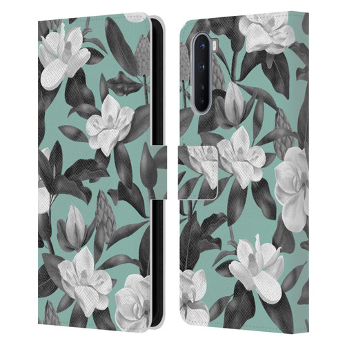 Anis Illustration Magnolias Grey Aqua Leather Book Wallet Case Cover For OnePlus Nord 5G