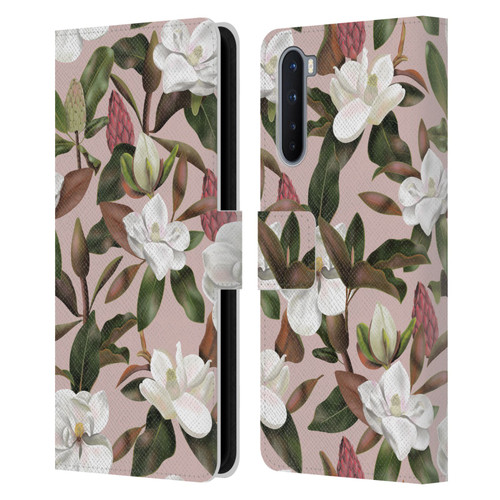 Anis Illustration Magnolias Pattern Light Pink Leather Book Wallet Case Cover For OnePlus Nord 5G