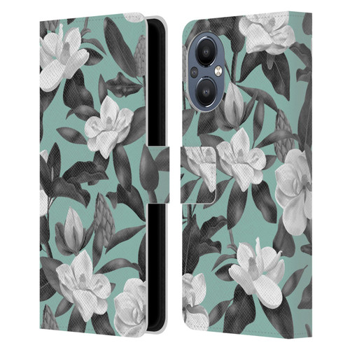 Anis Illustration Magnolias Grey Aqua Leather Book Wallet Case Cover For OnePlus Nord N20 5G