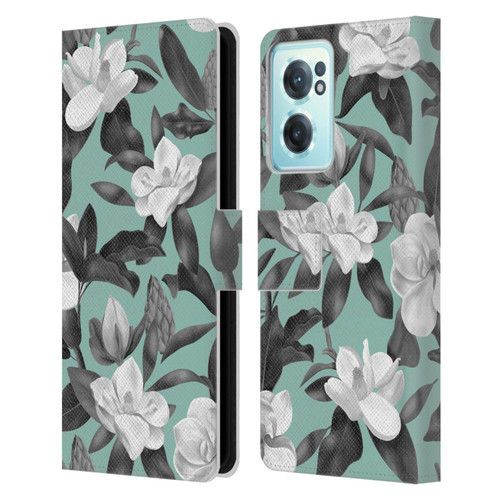 Anis Illustration Magnolias Grey Aqua Leather Book Wallet Case Cover For OnePlus Nord CE 2 5G