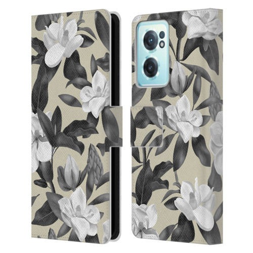 Anis Illustration Magnolias Grey Beige Leather Book Wallet Case Cover For OnePlus Nord CE 2 5G