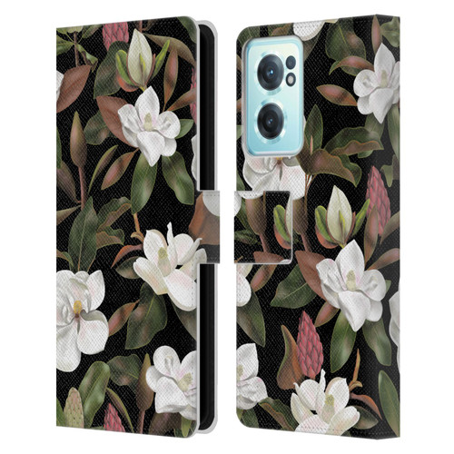 Anis Illustration Magnolias Pattern Black Leather Book Wallet Case Cover For OnePlus Nord CE 2 5G