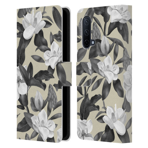 Anis Illustration Magnolias Grey Beige Leather Book Wallet Case Cover For OnePlus Nord CE 5G